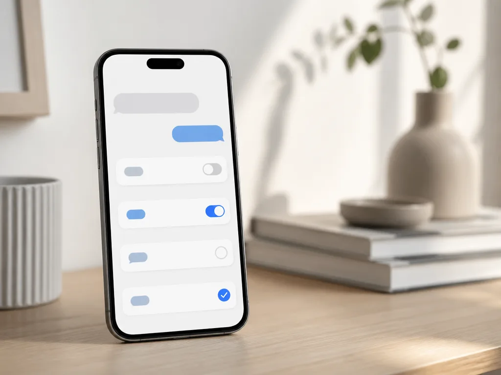 Smartphone på ett skrivbord med abstrakta meddelandebubblor och inställningar för digital kommunikation