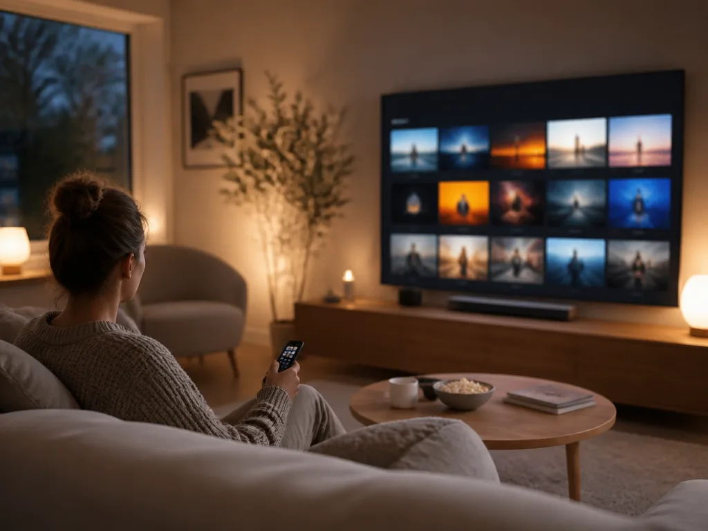 Person i skandinaviskt vardagsrum håller TV-fjärrkontroll framför stor platt-TV med streaming-meny på skärmen