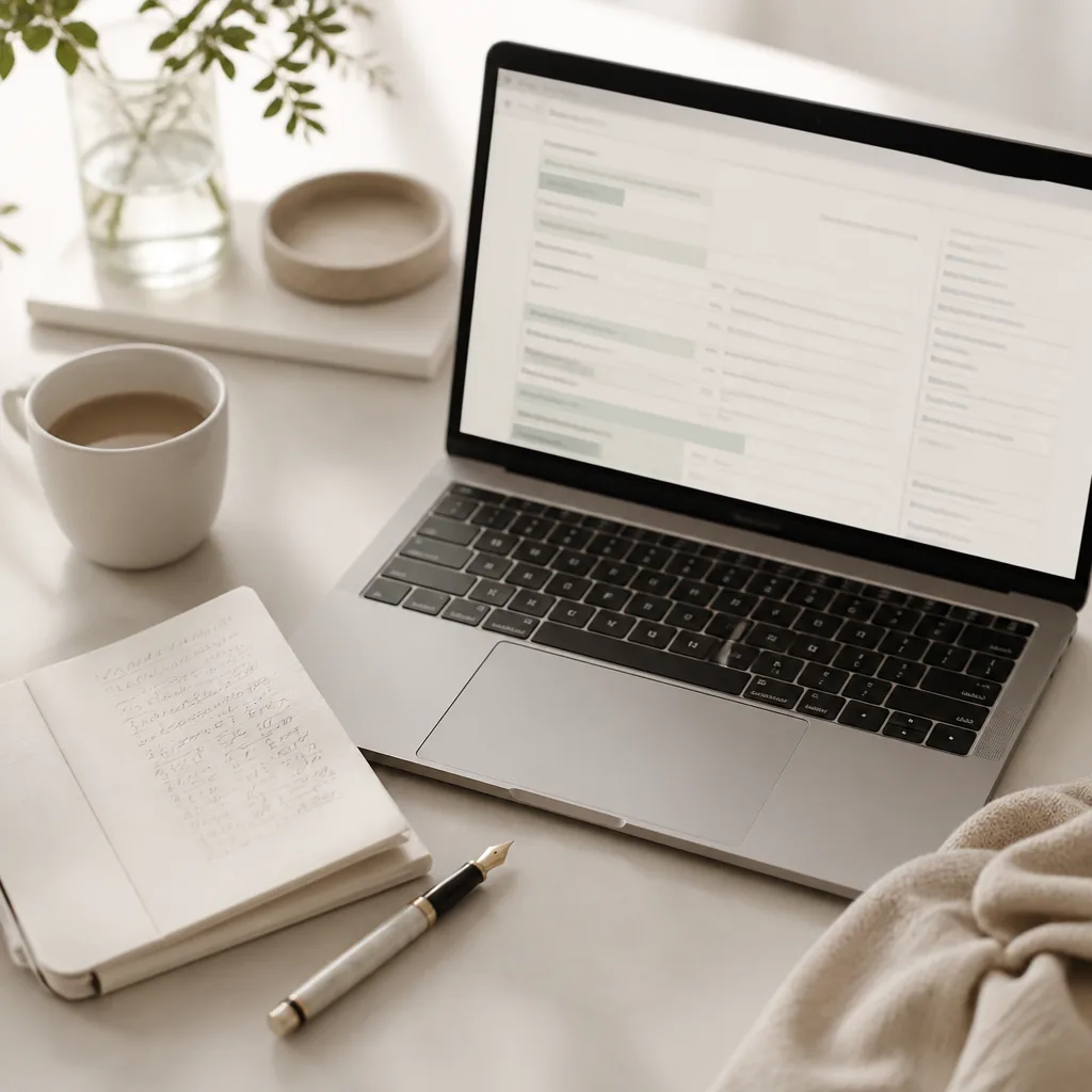 Skrivbord med laptop som visar Skatteverkets e-tjänst, kaffekopp och papper med siffror