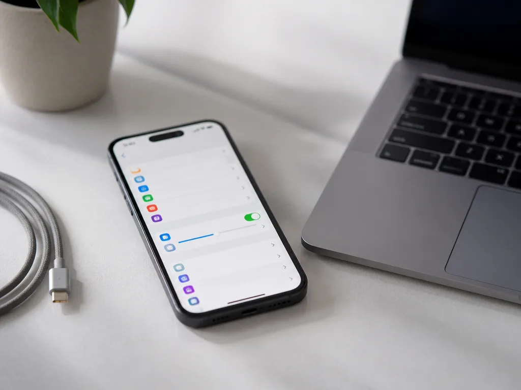 En iPhone med inställningsskärm på ett skrivbord bredvid en kabel och en bärbar dator