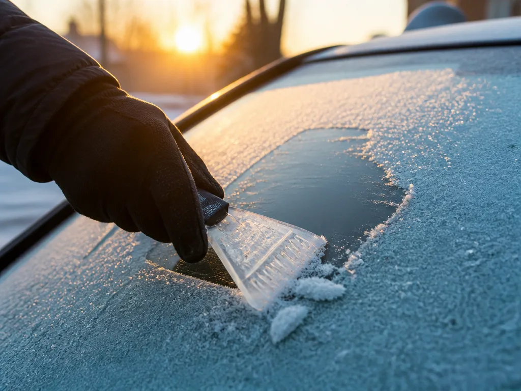 Iskrapan tar bort frosten från bilrutan en kall vintermorgon