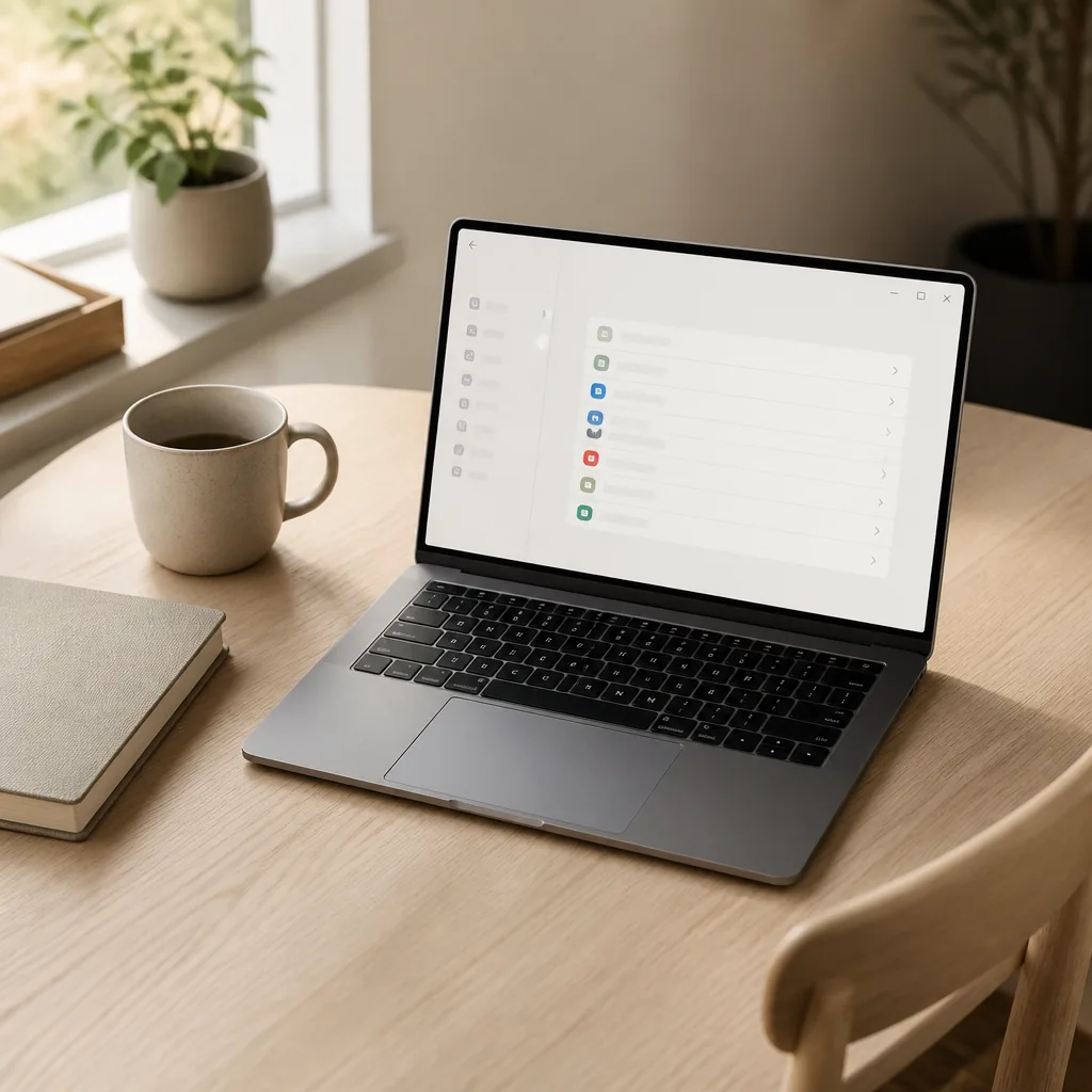 Bärbar Windows-laptop på ett ljust skandinaviskt skrivbord som visar en lista över installerade appar