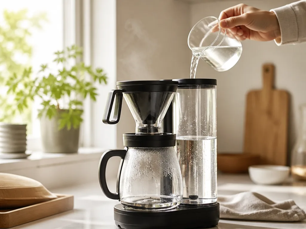 Ättikalösning hälls från en mätbägare i vattenbehållaren på en droppkaffebryggare i ett ljust kök