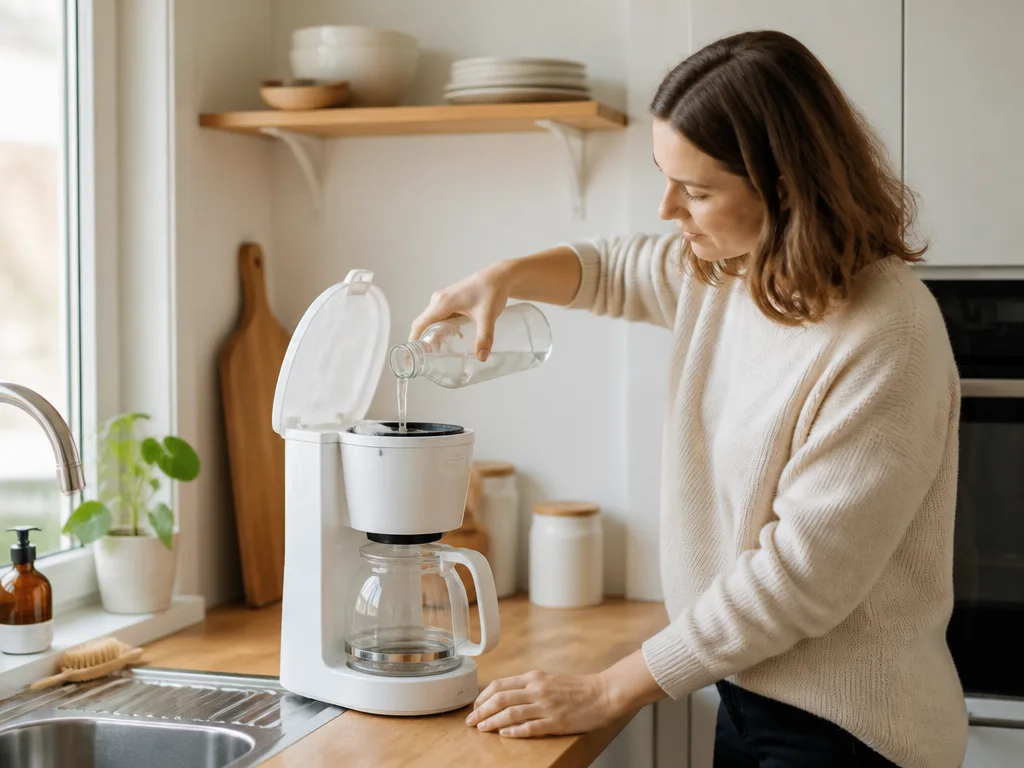 Person avkalkar en vit droppkaffebryggare i ett ljust skandinaviskt kök med ättikalösning