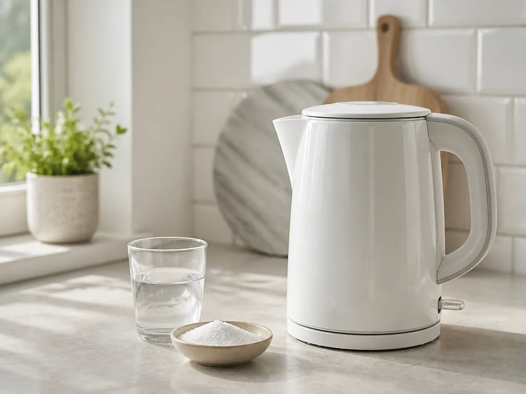 Elektrisk vattenkokare bredvid citronsyrapulver och ett vattenglas på ett skandinaviskt köksbänk