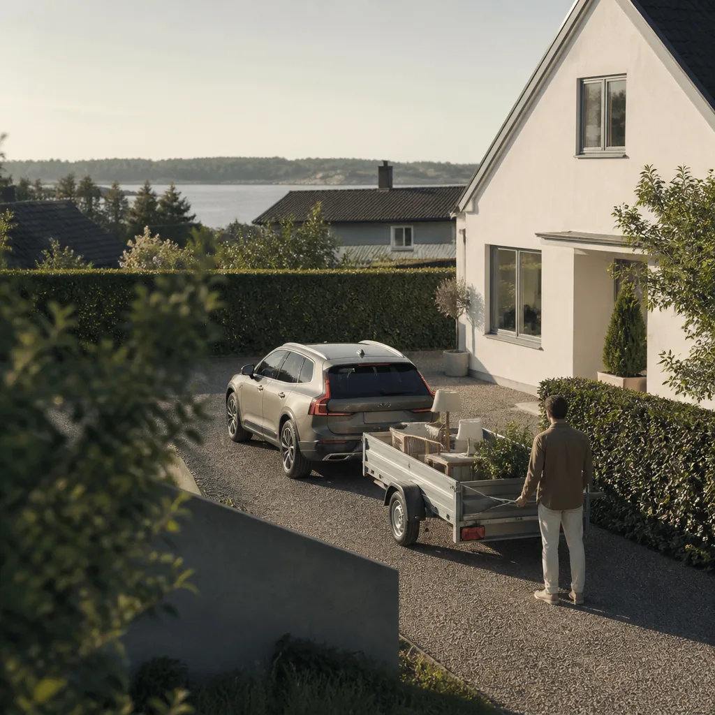 Bil med tillkopplat släp backar in i en infart, sett snett uppifrån i mjukt naturligt ljus