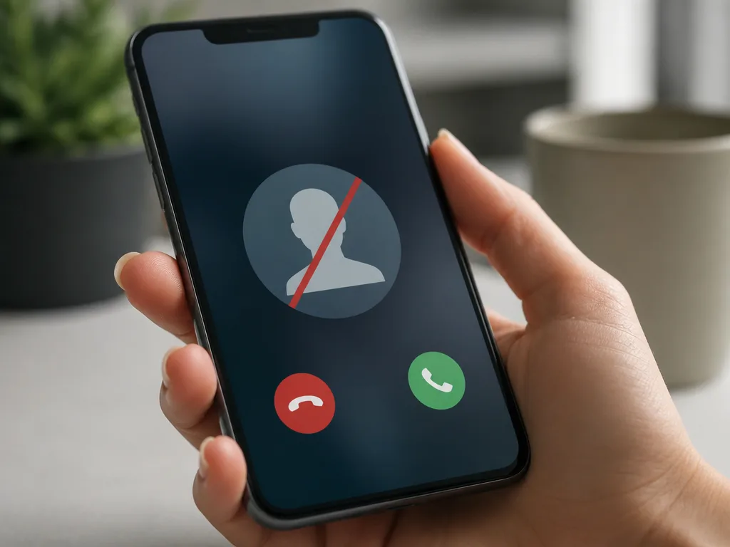 Person håller i en smartphone och blockerar ett inkommande samtal i telefonens gränssnitt