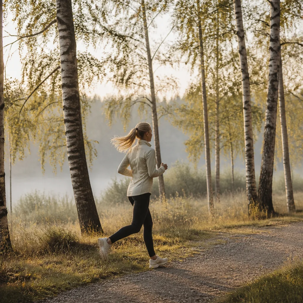 En person i löparutrustning springer på en grusväg genom en skandinavisk park i morgonljus