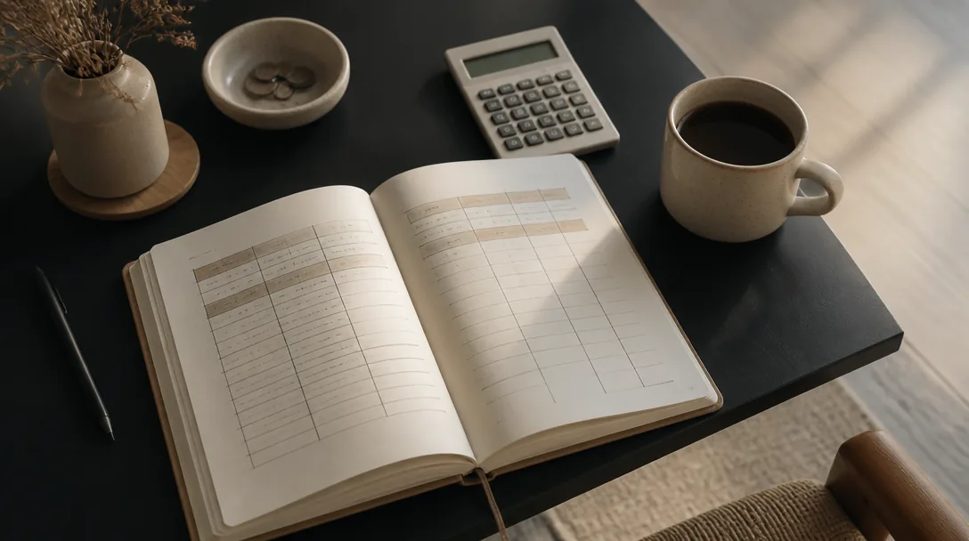 Skrivbok med budgetkolumner och en miniräknare på ett rent skrivbord