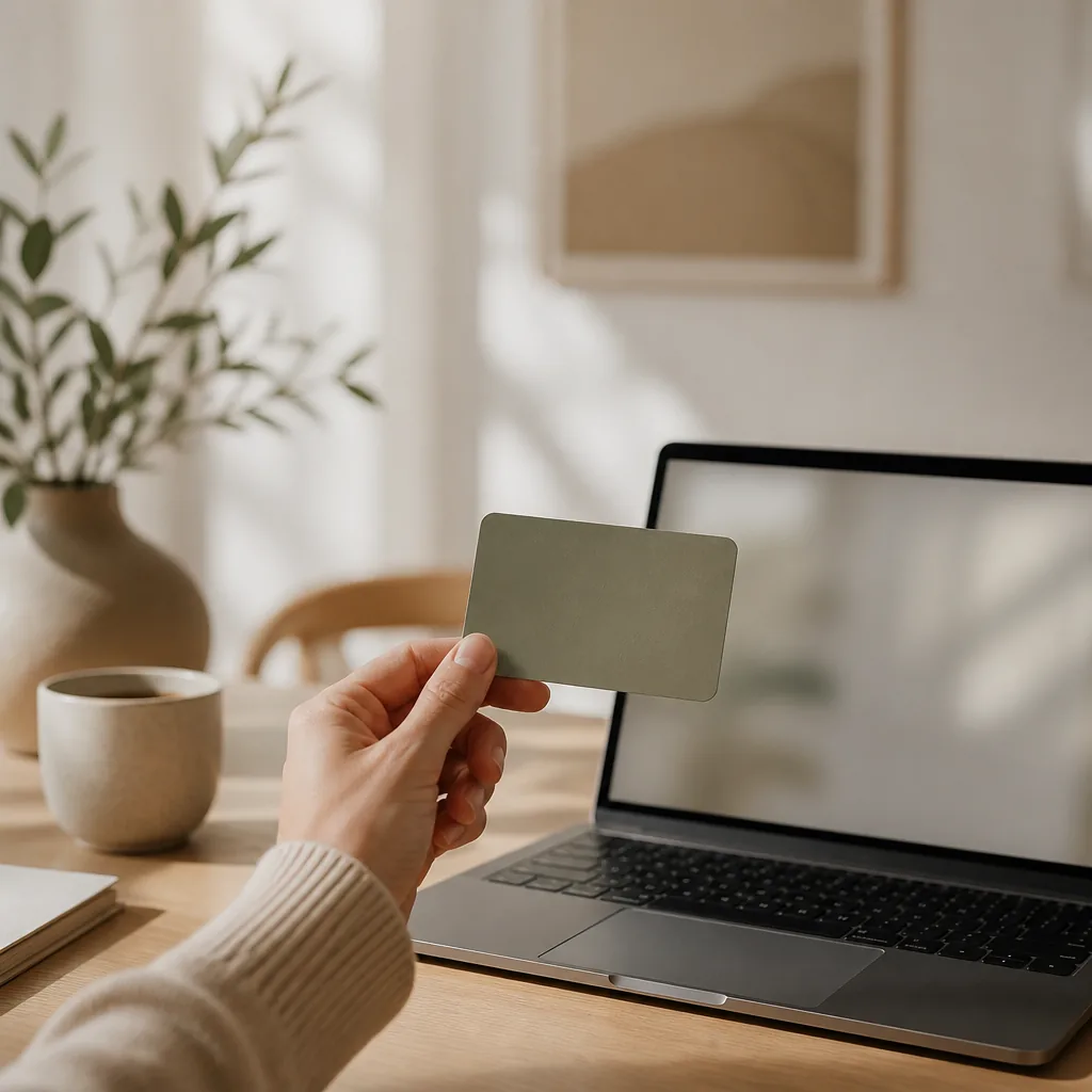 Hand som håller ett abstrakt bankkort över en laptop på ett ljust skrivbord i varm scandinavisk inredning