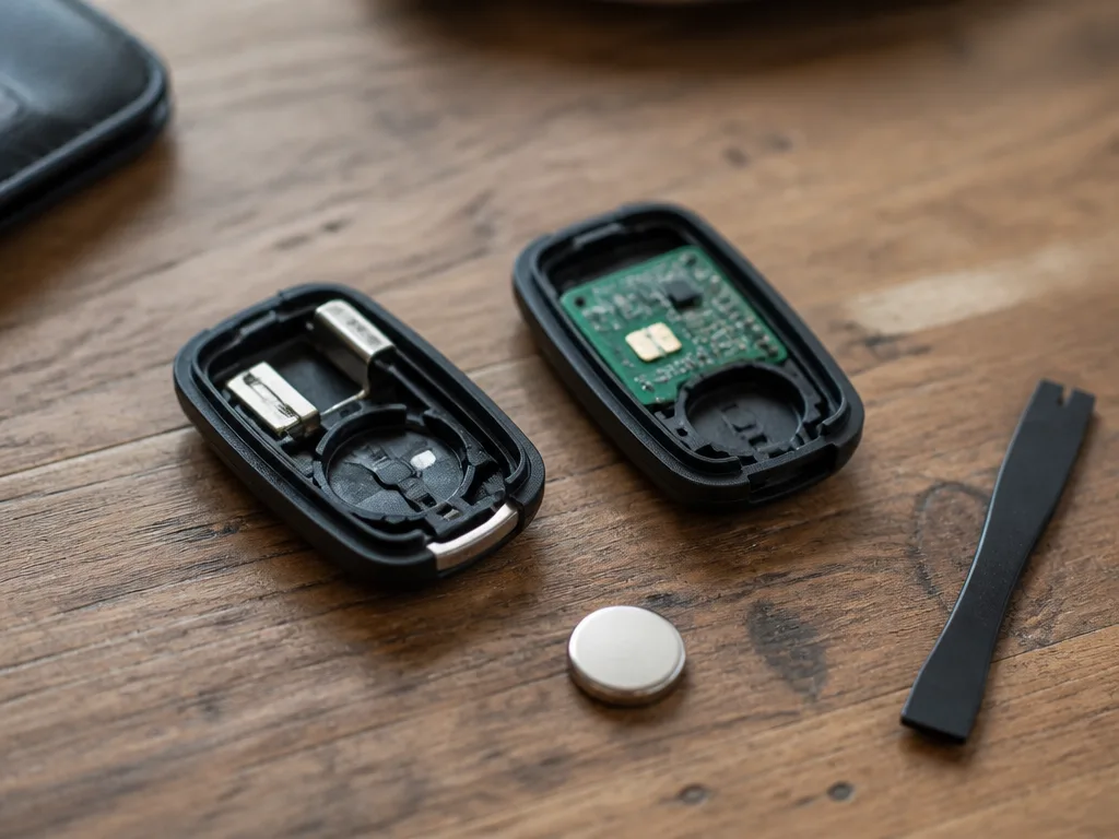En isärtagen bilnyckel på ett träbord med ett runt knappcellsbatteri och ett plastverktyg bredvid
