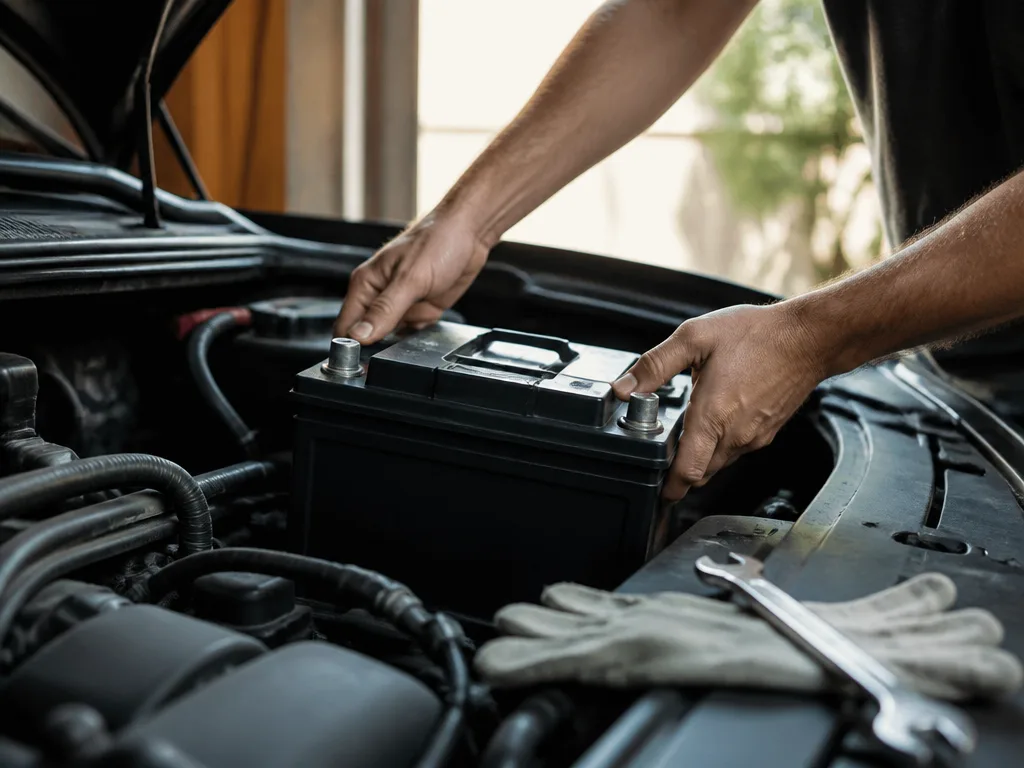 En person i handskar kopplar loss batteriklämmor på ett bilbatteri i motorrummet