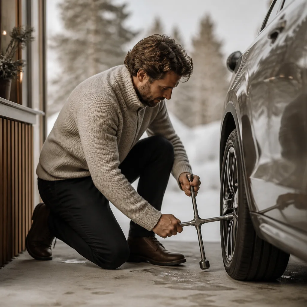 Person lossar ett bilhjul med korslyckle på en garageuppfart med snö i bakgrunden