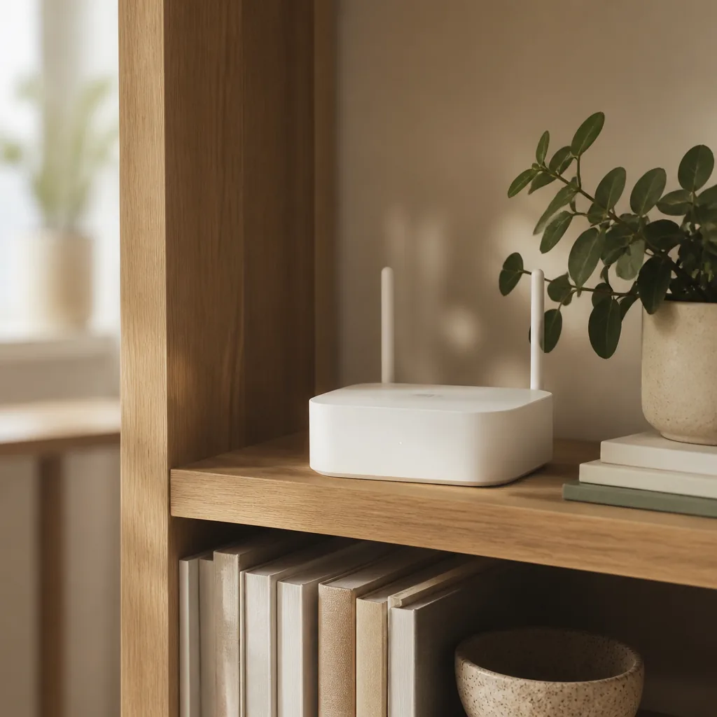 Liten vit wifi-router med två antenner på en bokhylla i mjukt varmt dagsljus