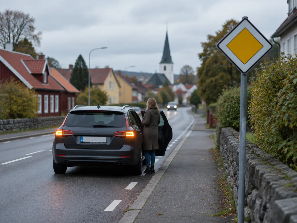 Bil som stannat kort vid trottoarkanten på en huvudled i en småstad medan en passagerare kliver ur, med huvudledsskylten i förgrunden