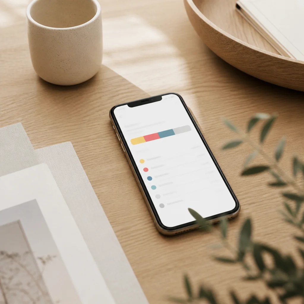 iPhone på ett skrivbord som visar en lagringsgraf i Inställningar