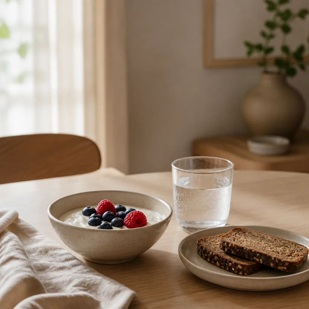 En skål yoghurt med bär, ett glas vatten och en tallrik med fullkornsbröd på ett ljust träbord i naturligt morgonljus