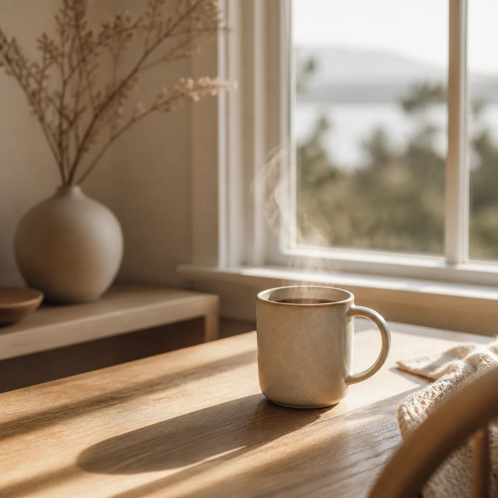 Kopp ångande kaffe på fönsterbord i tidigt morgonljus