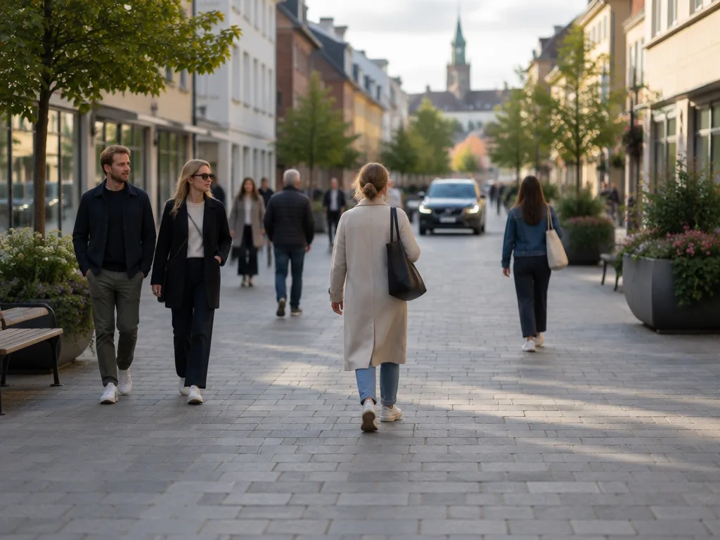 Gående mitt på en stenlagd gata utan kantsten medan en bil rullar långsamt i bakgrunden