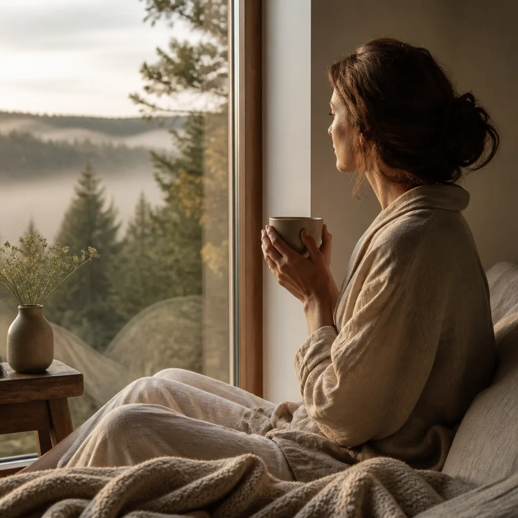 En lugn person sitter vid ett fönster med en kopp te i händerna och blickar ut mot natur i mjukt morgonljus