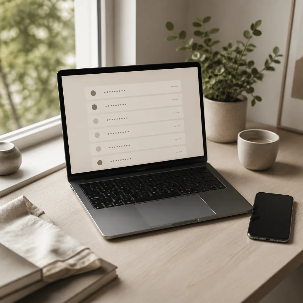 Laptop med abstrakt lösenordslista bredvid en mobil på ljust skrivbord