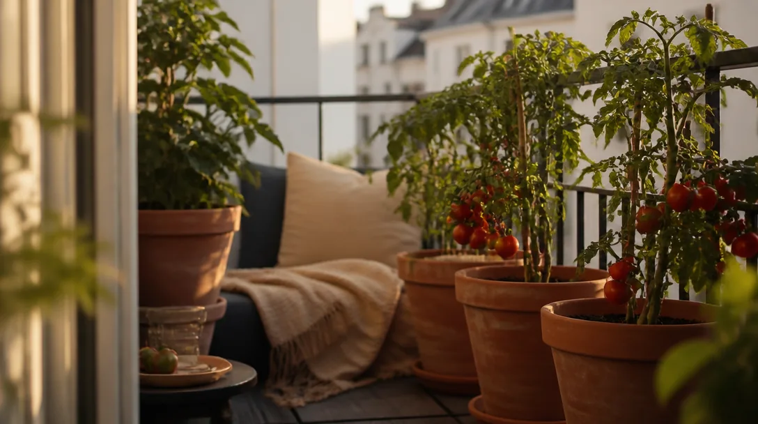 Tomatplantor i krukor på en solig balkong med röda och gröna tomater