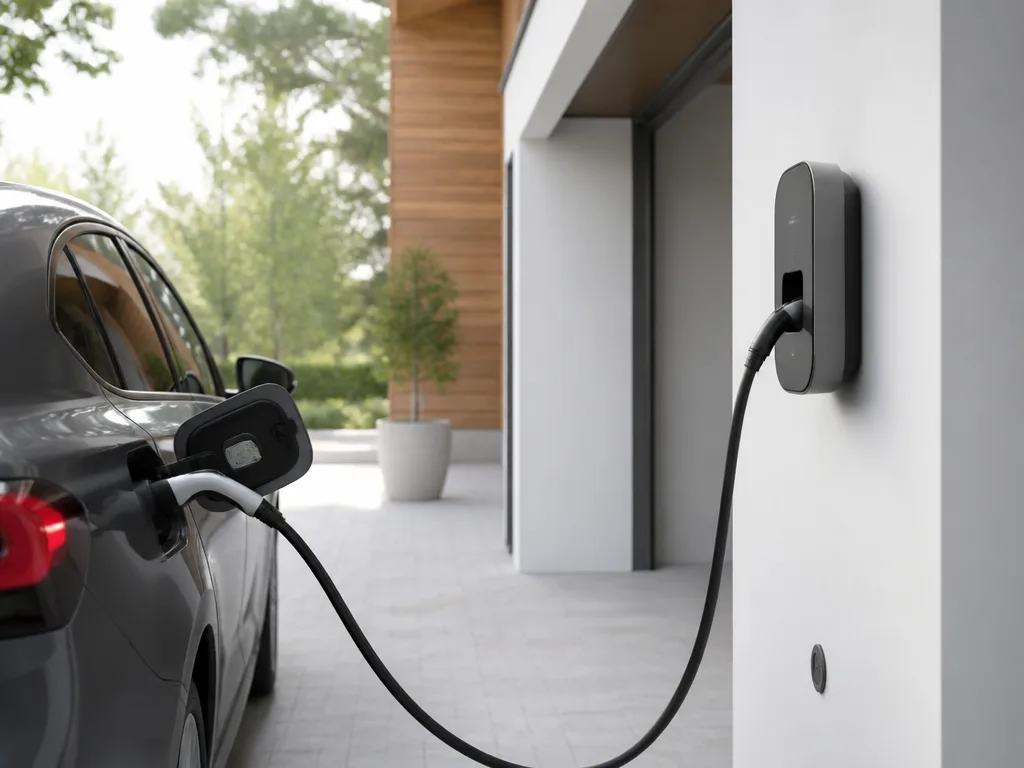 Laddbox för elbil monterad på vit garagevägg i modernt skandinaviskt hem