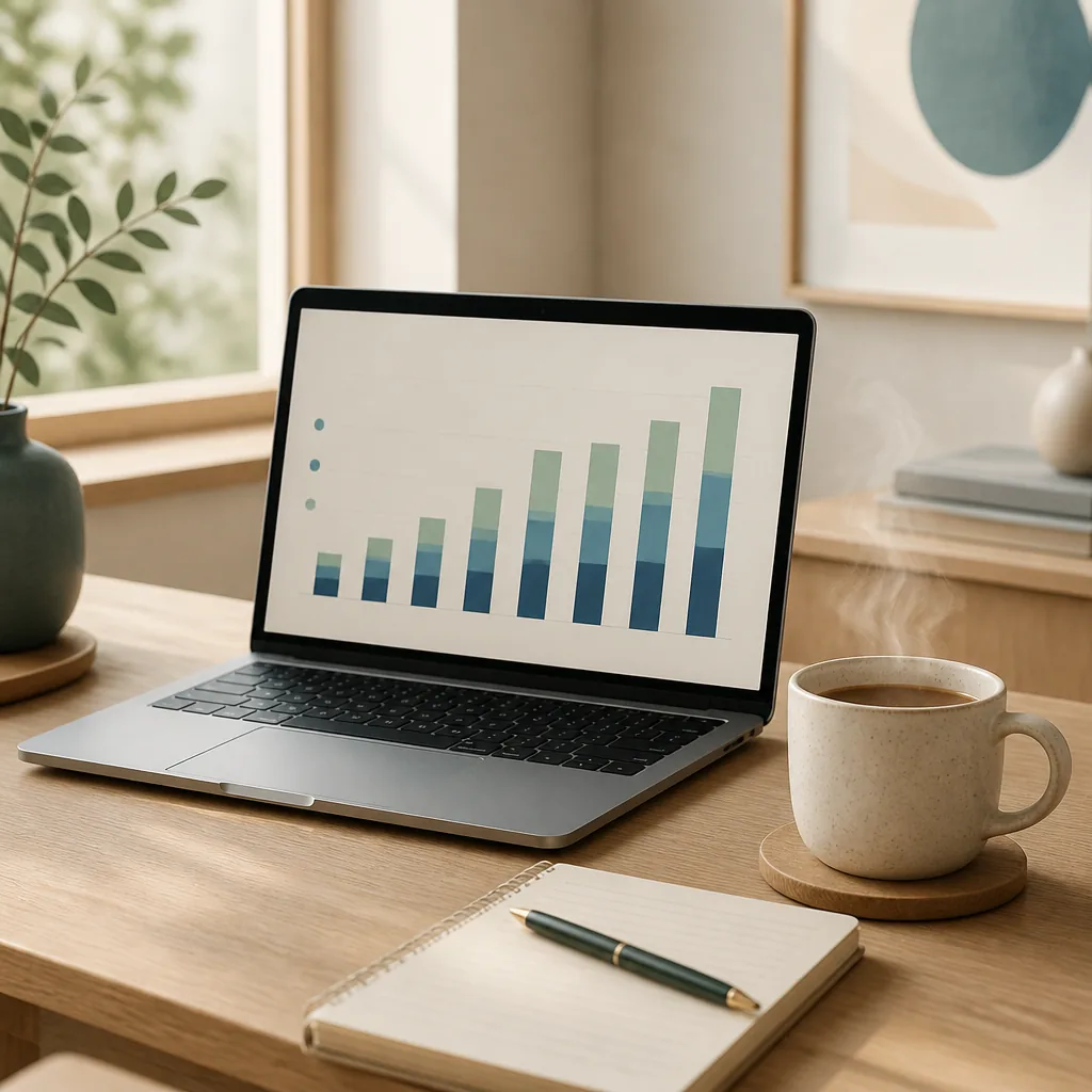 Laptop med stapeldiagram över pensionsbelopp, kaffekopp och anteckningsblock på ett ljust skrivbord