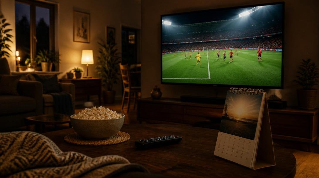 Storbildsskärm med fotbollsmatch och flagga i förgrunden