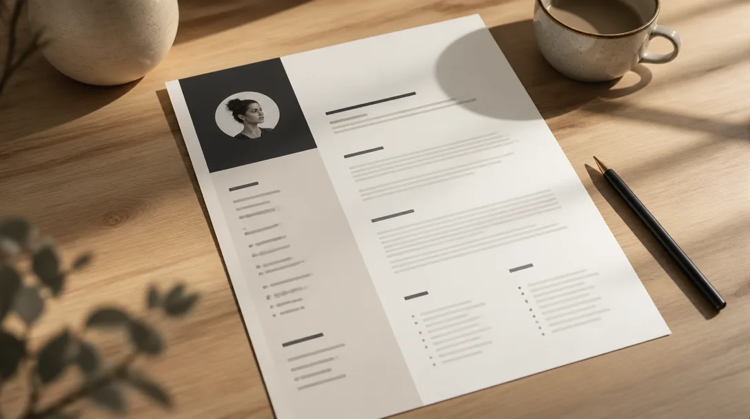 Skrivbord med en utskriven CV-sida, en penna och en kaffekopp