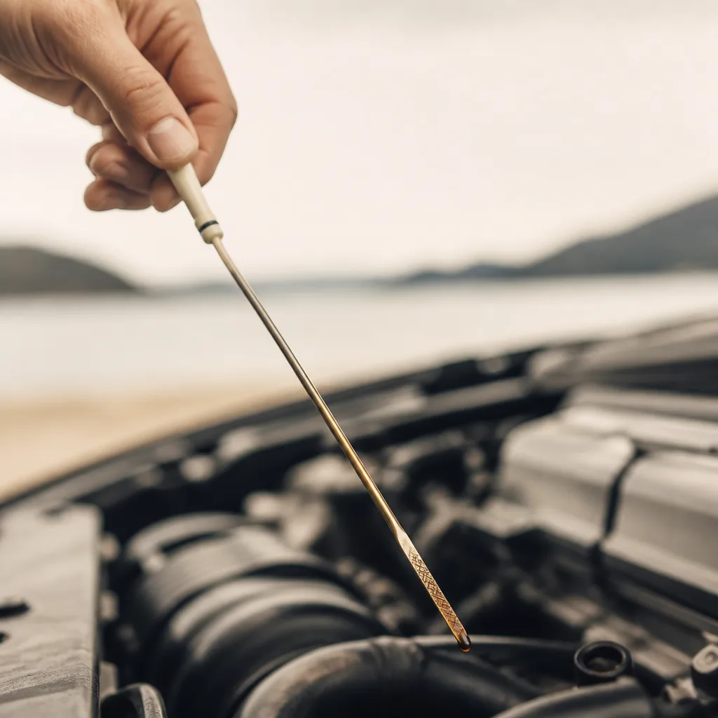 Hand som drar ut en oljemätsticka från en bilmotor i ett motorrum