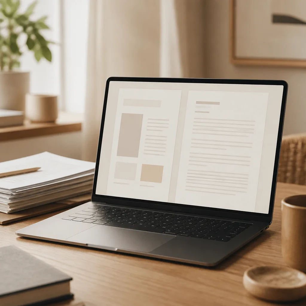 Skandinaviskt skrivbord i mjukt naturligt ljus med en laptop som visar två dokumentvyer sida vid sida