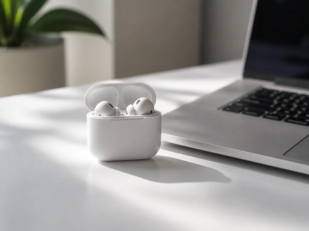 Vita trådlösa hörlurar i öppet fodral bredvid ett laptoptangentbord på ett minimalistiskt skrivbord