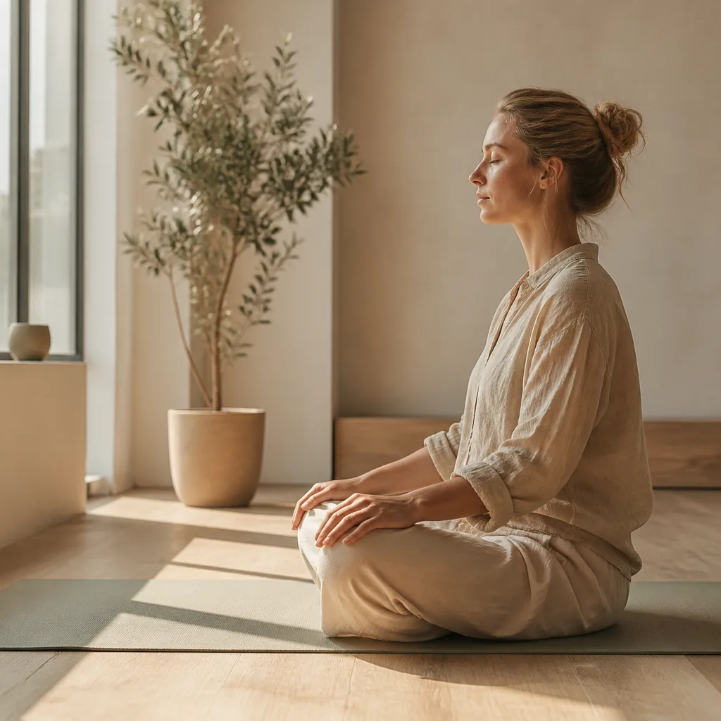 Person som sitter med korslagda ben på en yogamatta i ett ljust rum med naturligt morgonljus, sett från sidan