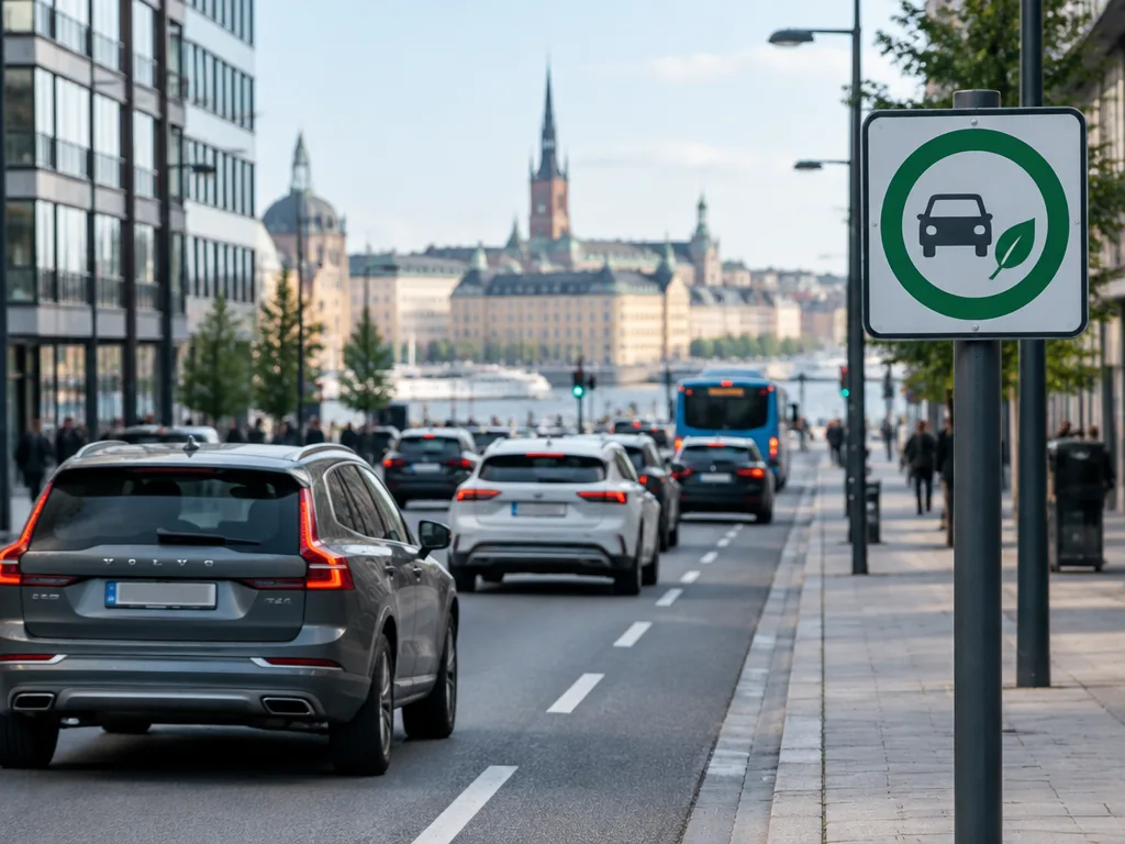 Gatumiljö i en svensk innerstad med personbilar och buss i trafiken och en grön skylt för miljözon vid trottoaren