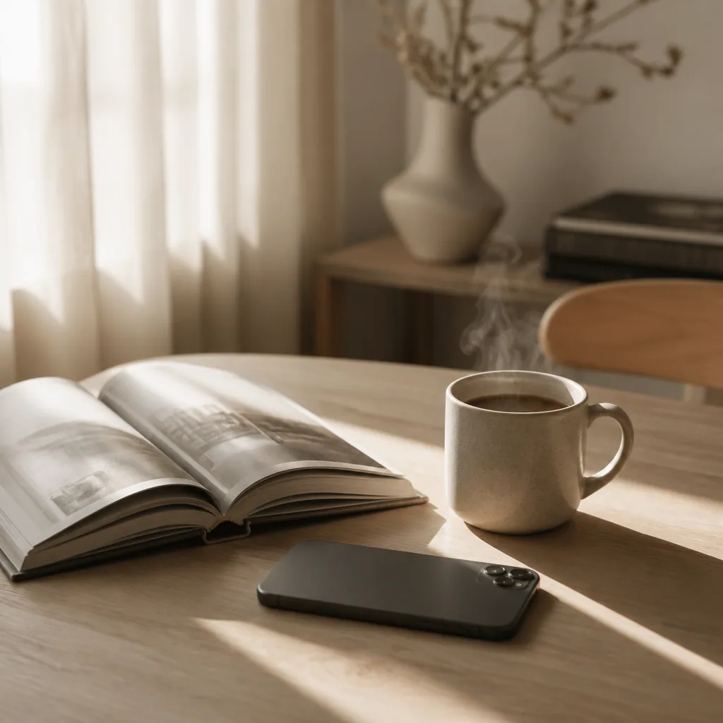 En bok och en kaffekopp på ett ljust träbord, en mobiltelefon ligger nedvänd bredvid i morgonljus från ett fönster
