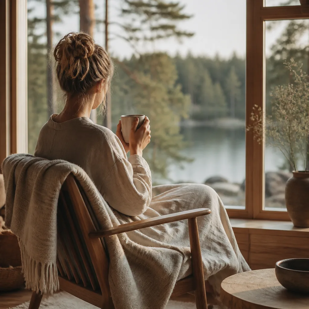 En person sitter vid ett fönster med en kopp te i händerna och blickar ut mot lugn skog i morgonljus