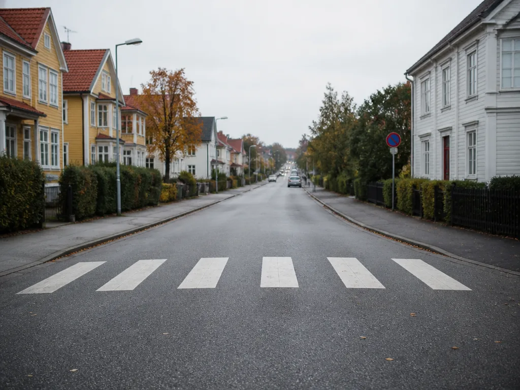 Ett markerat övergångsställe med vita streckade linjer över en lugn gata en molnig dag