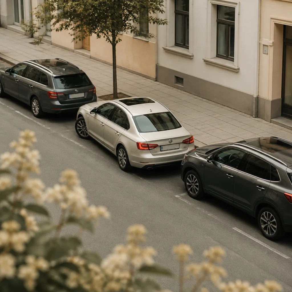 Bil halvvägs in i en parallellparkering mellan två andra bilar längs en kantsten, sett snett uppifrån