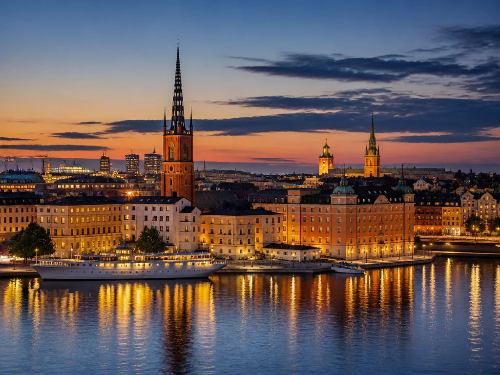 Stockholms kvällssiluett med ljus som speglas i vattnet