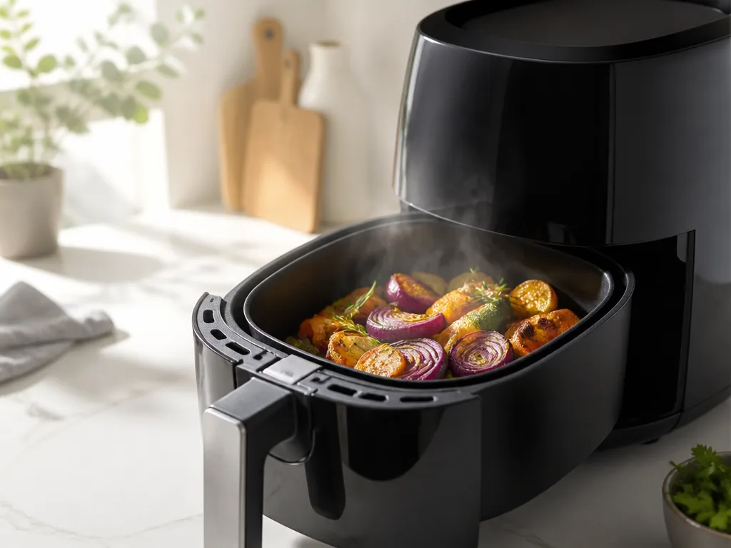 Ren airfryer med öppen korg på ett ljust köksbord i naturligt dagsljus