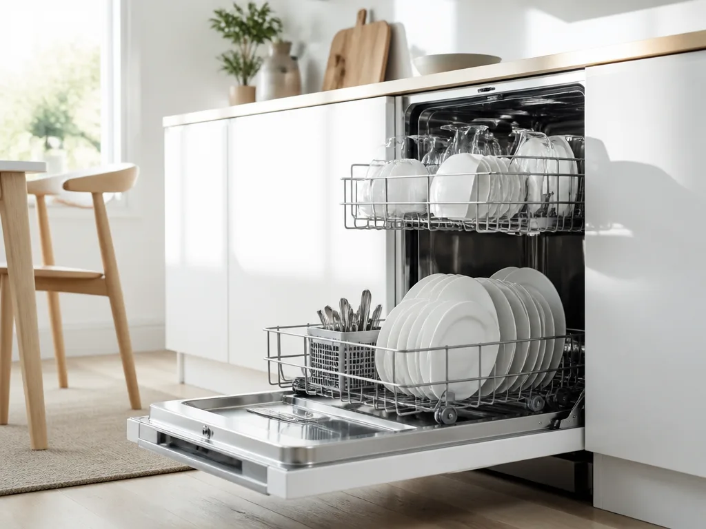 Öppen diskmaskin med skinande ren disk i ett modernt scandinaviskt kök