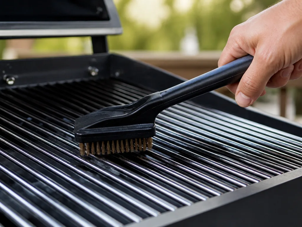 Grillgaller som skrubbas rent med en grillborste utomhus i dagsljus