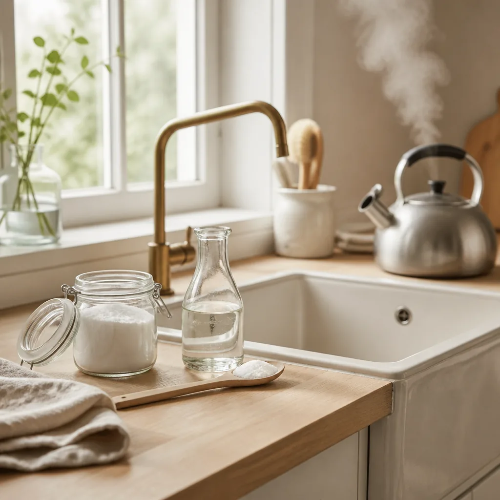 Bikarbonat i en glasburk och en flaska ättika bredvid ett rent köksavlopp i mjukt naturligt ljus