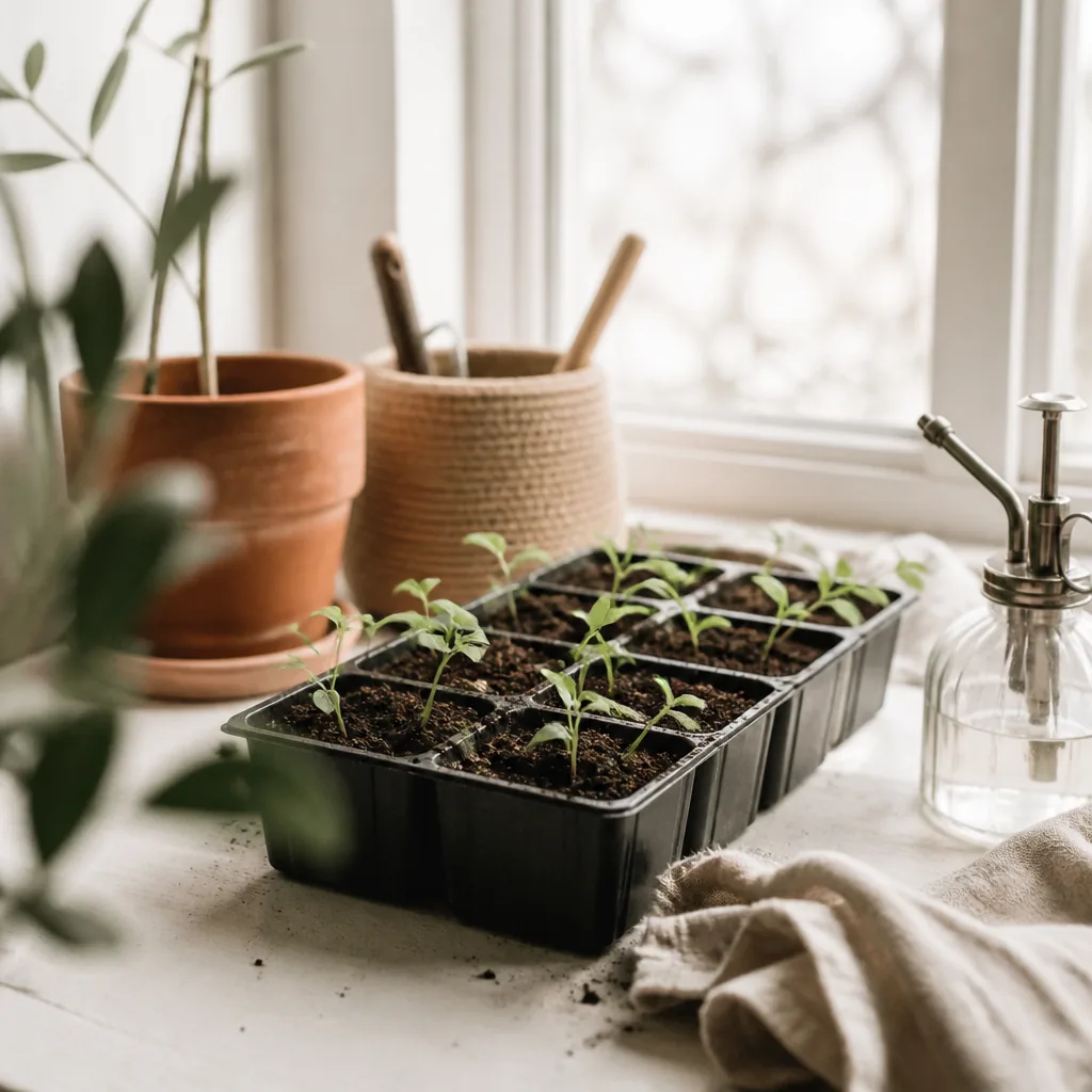 Små gröna groddplantor i ett pluggbrätte på en ljus fönsterbänk i mjukt morgonljus
