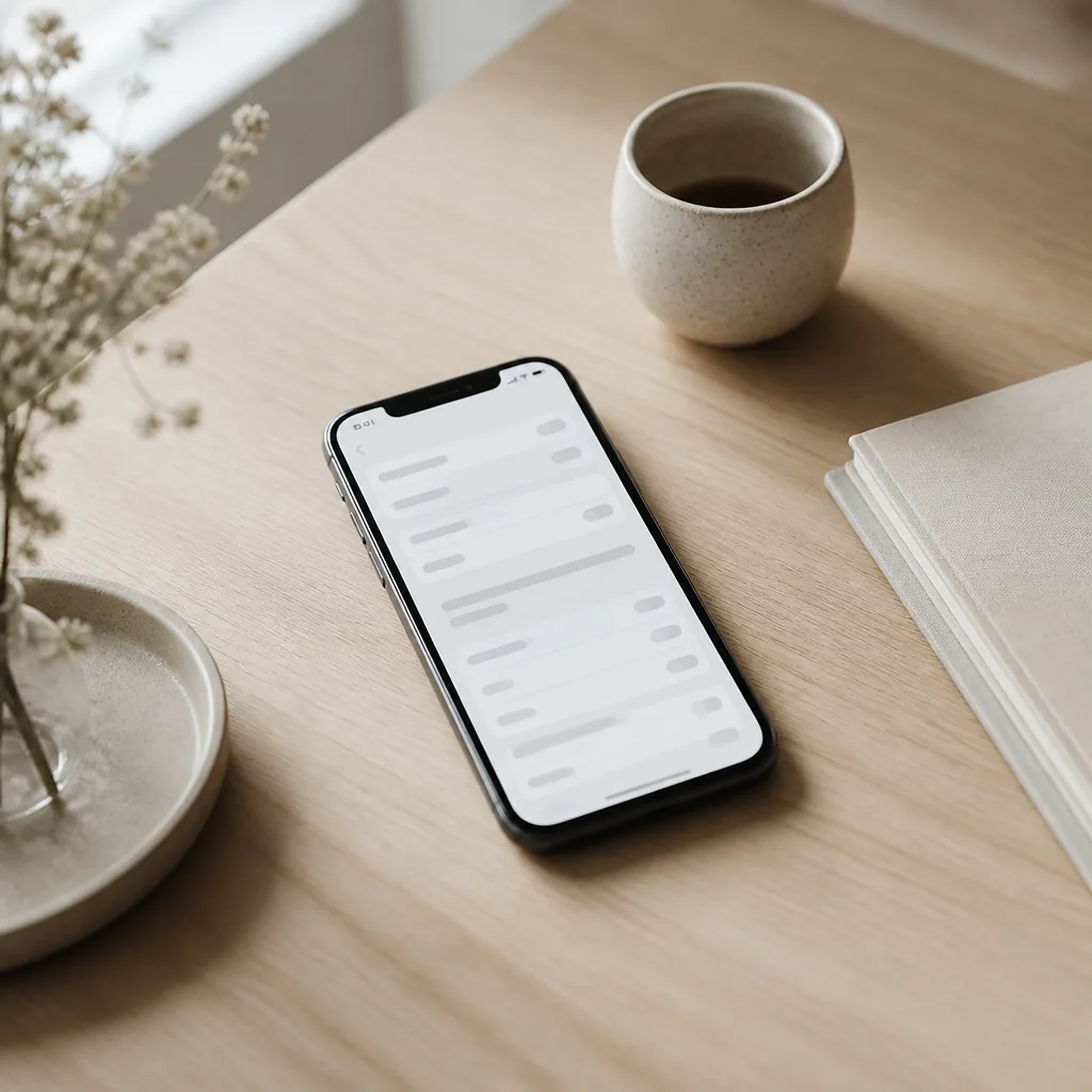 En iPhone på ett ljust träbord med en kaffekopp och anteckningsbok, mjukt dagsljus från fönster