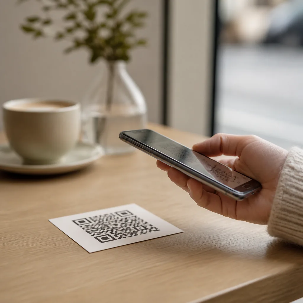 En hand håller en smartphone över en QR-kod på ett kafébord i mjukt dagsljus