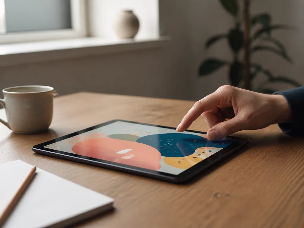 En surfplatta som ligger på ett skrivbord med en färgglad app-skärm och en hand som är på väg att trycka på skärmen