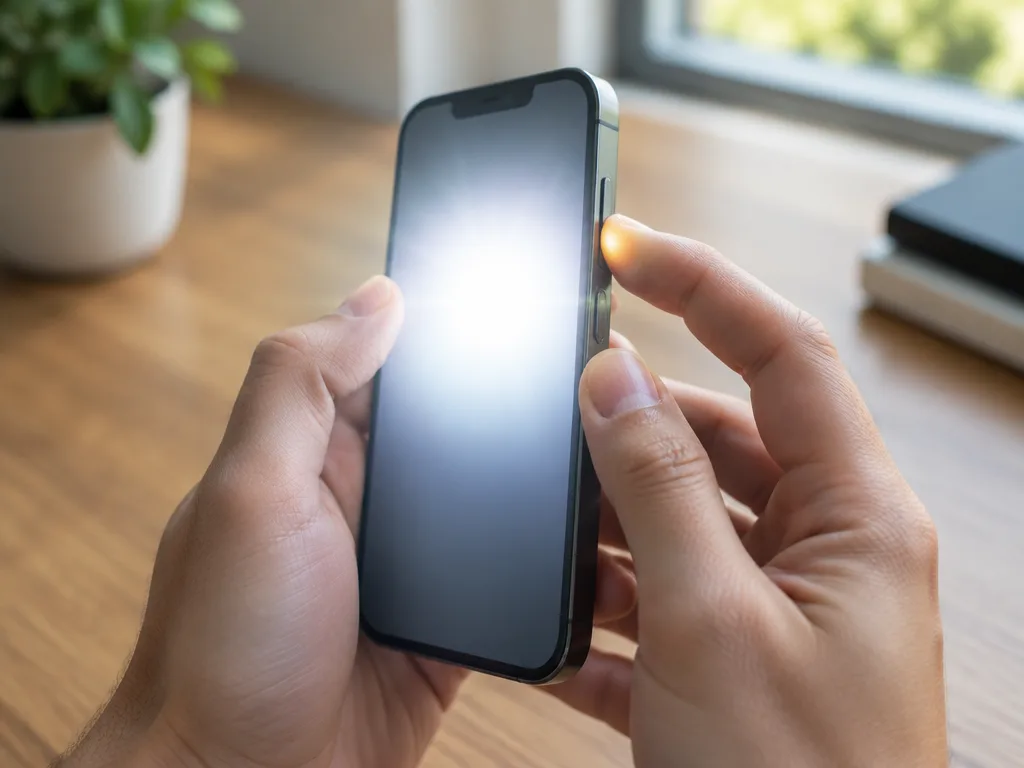 Händer som trycker på sidoknappen på en smartphone medan skärmen blinkar till vid en skärmdump