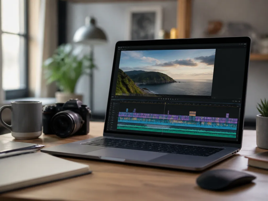 En bärbar dator visar en videotidslinje och uppspelningskontroller på ett skrivbord i mjukt naturligt ljus